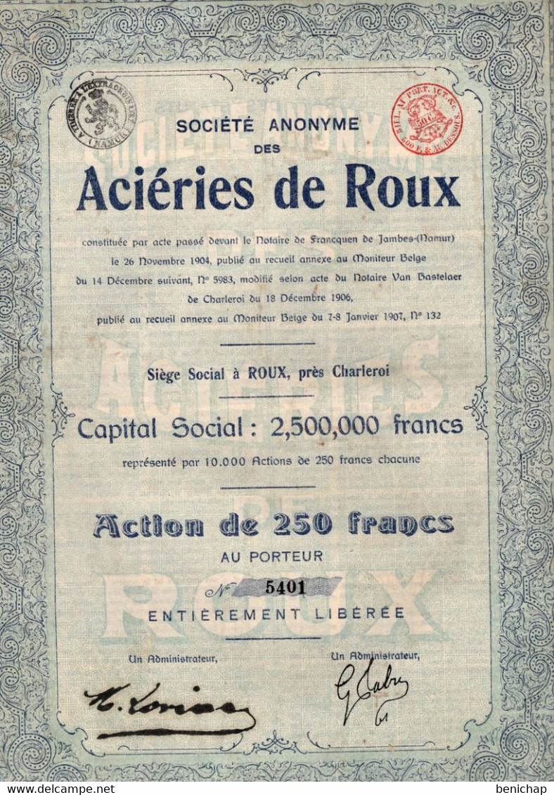 Action De 250 Frcs Au Porteur - S.A. Des Acièries De Roux - Belgique - Roux - Charleroi 1907. - Industry