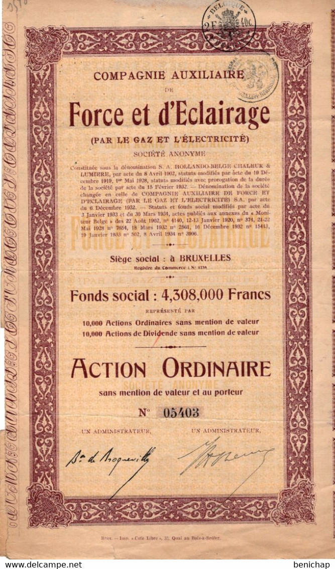 Action Ordinaire  Au Porteur - Compagnie Auxiliaire De Force Et Eclairage Par Le Gaz Et Electricité - Bruxelles - 1934. - Electricité & Gaz