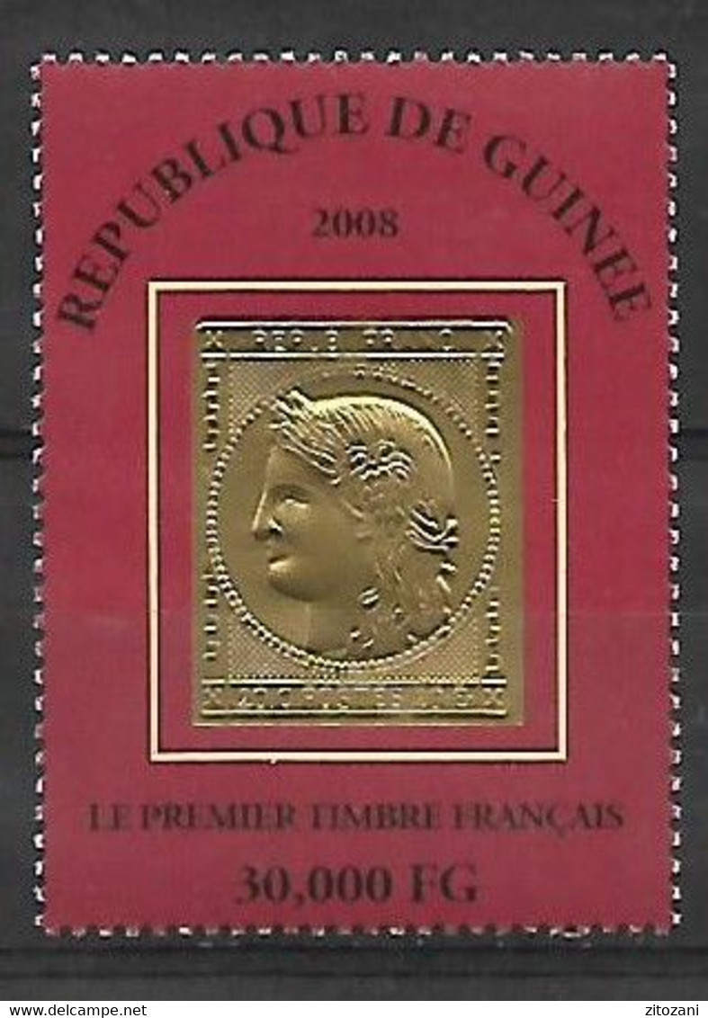 1188 République De Guinée 2008 Le Premier Timbre Français Cérès Timbre Or - Guinea (1958-...)