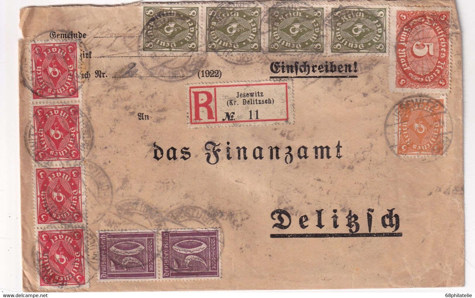 ALLEMAGNE 1923 LETTRE RECOMMANDEE DE JESEWITZ AVEC CACHET ARRIVEE DELITZSCH - Covers & Documents