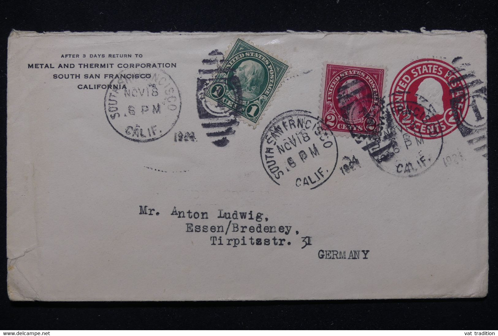 ETATS UNIS - Entier Postal Commercial + Compléments De South San Francisco En 1924 Pour L 'Allemagne - L 81207 - 1921-40