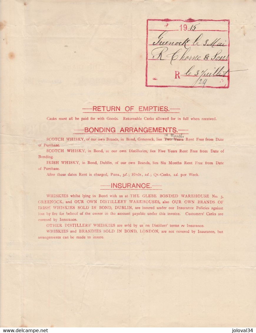 Facture Illustrée 31/5/1915 R THORNE Scotch Whiskies Irish Whiskies GREENOCK Ecosse - 2 Scan - United Kingdom