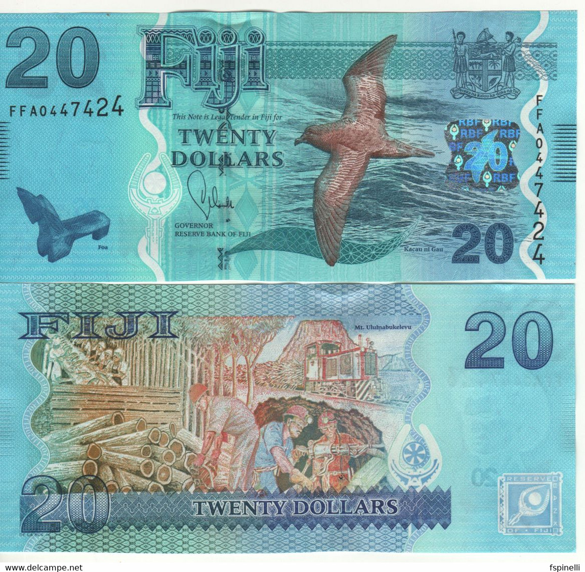 FIJI   20 Dollars P117   (ND 2012  )   Bird On Front - Logging+mining  On Back   UNC - Figi