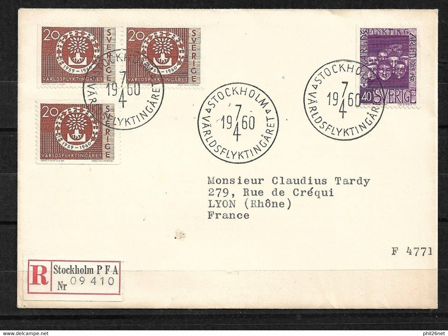 Suède Année Du Réfugié  FDC Lettre Recommandée Stockholm Le 07/04/1960 Pour Lyon Le 11/04 Les N° 448;449 Et 448b  TB - Covers & Documents