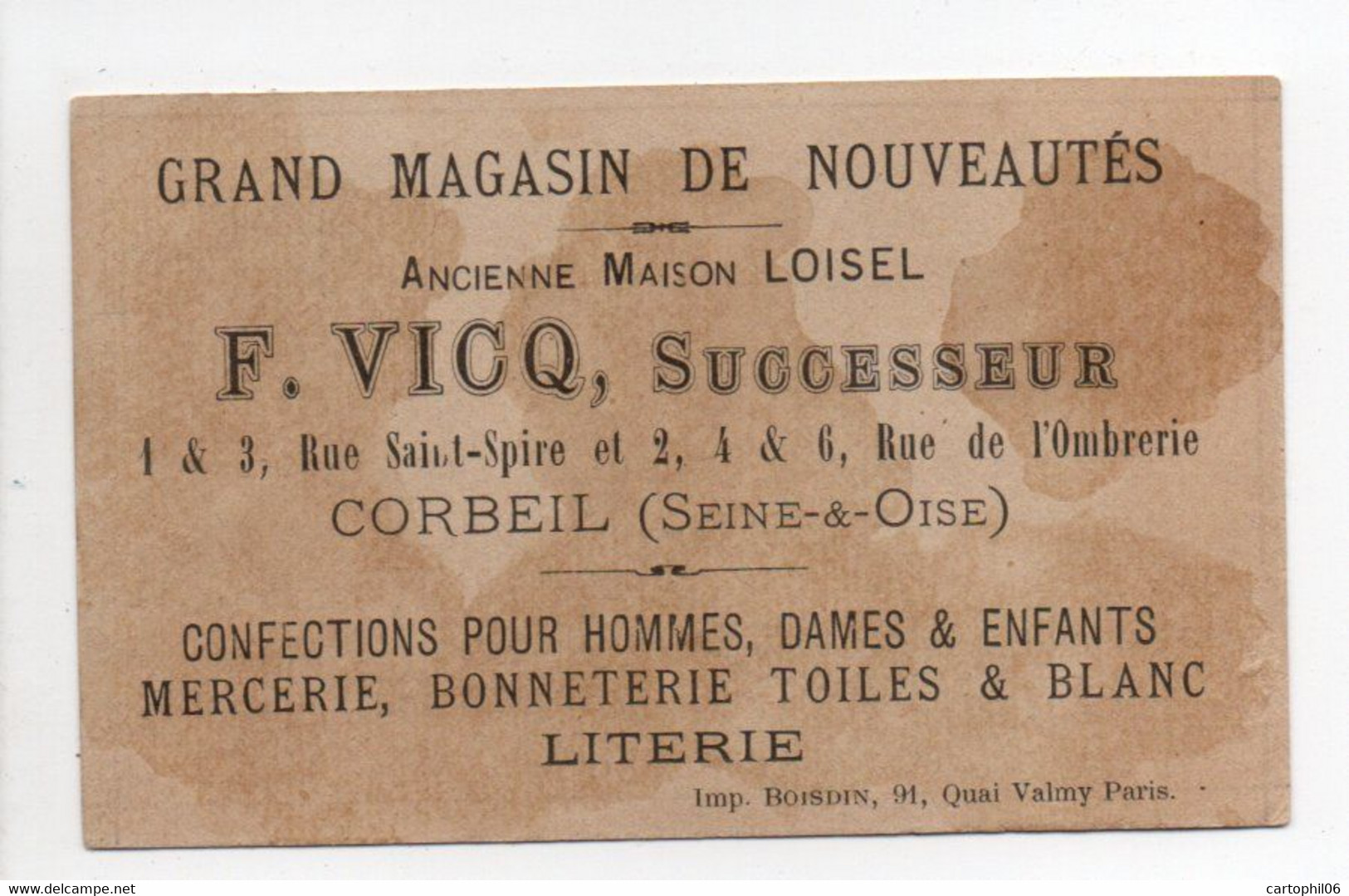 - CHROMO F. VICQ - GRAND MAGASIN DE NOUVEAUTÉS, CORBEIL - Litho. BOISDIN - - Autres & Non Classés