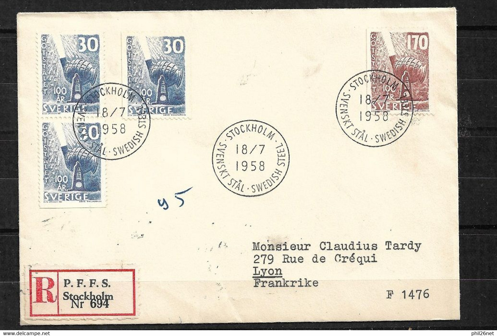 Suède Traitement De L'acier FDC Lettre Recommandée Stockholm Le 18/07/1958 Pour Lyon Le 19/07 Les N° 432;433 Et 432a  TB - Storia Postale