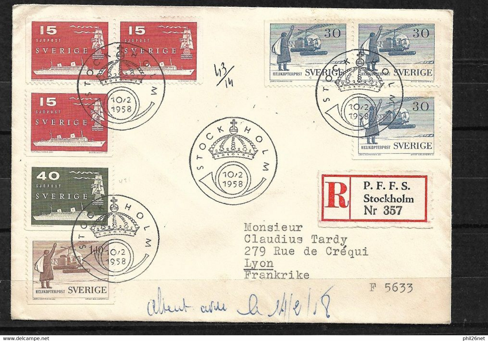 Suède Poste Maritime FDC Lettre Recommandée Stockholm Le 10/02/1958 Pour Lyon Le 14/02 N°427;428;427a;PA 8;9 Et 8a TB - Briefe U. Dokumente