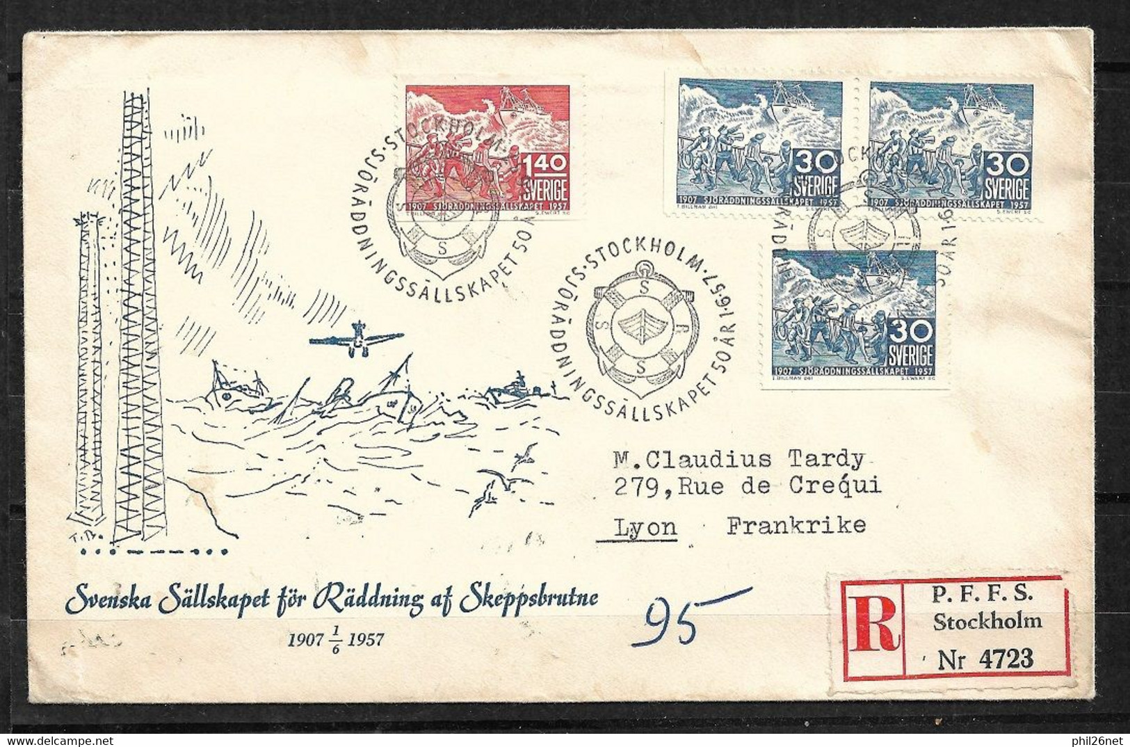 Suède Association Sauvetage FDC Lettre Recommandée Stockholm Le 01/06/1957 Pour Lyon Le 3/06 N° 414;414a Et 415  TB - Cartas & Documentos