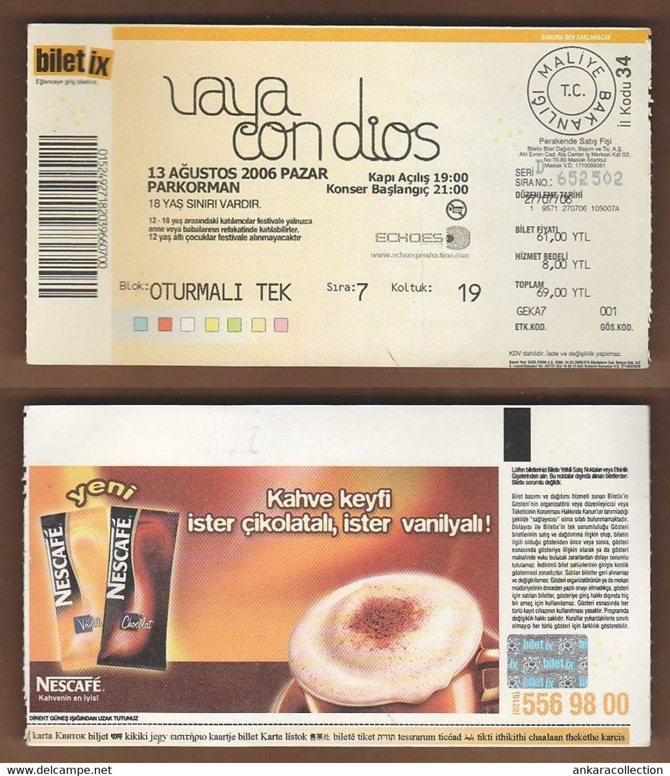 AC -  VAYA CON DIOS PARKORMAN, ISTANBUL CONCERT TICKET 13 AUGUST 2006 - Concert Tickets