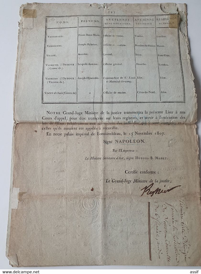 Emigrés  1 ère Liste 15 Novembre 1807 Autographe Regnier 1736 -1814 8 P.( 171 Noms ) ( S.c. 6 Floréal An 10 ) - Documents Historiques