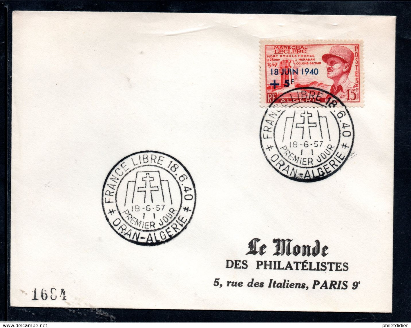 YT 345 DE 1957 - ENV. Le Monde - Des Philatélistes (unique Sur Delcampe) Maréchal LECLERC - - FDC