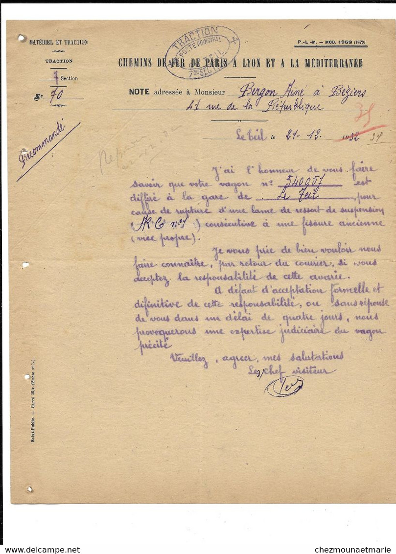 1935 LE TEIL - AVARIE SUR UN WAGON - NOTE A M. BERGON A BEZIERS - PLM TRACTION - Railway