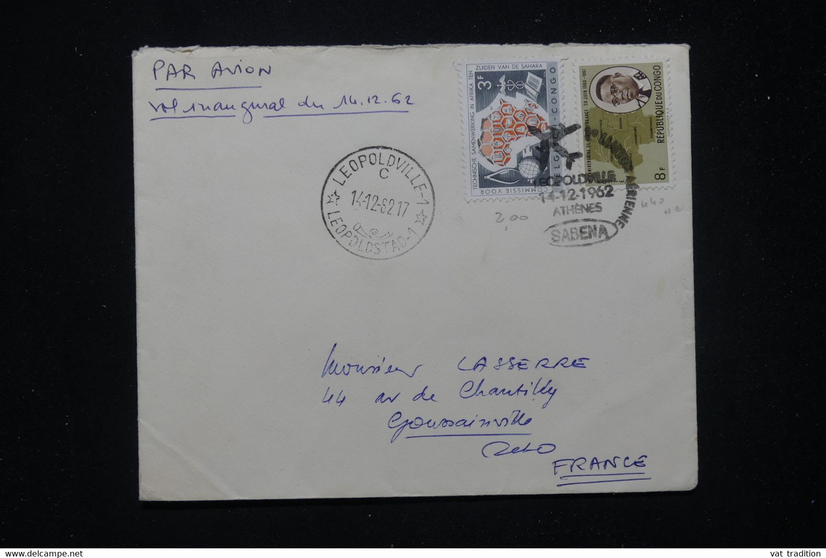 CONGO - Enveloppe De Leopoldville Pour La France En 1962 Par 1er Vol Leopoldville / Athènes Par Sabena  - L 81280 - Autres & Non Classés