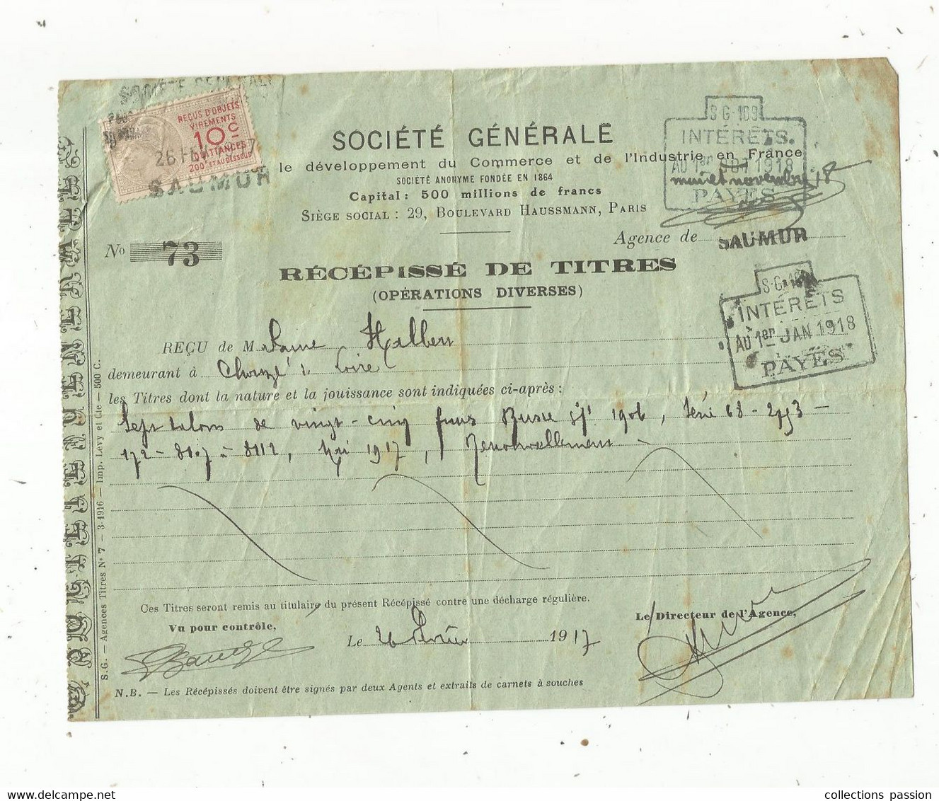 SOCIETE GENERALE ,  Récépissé De Titres ,  1917 , 2 Scans ,timbré, Frais Fr 1.75 € - Otros & Sin Clasificación