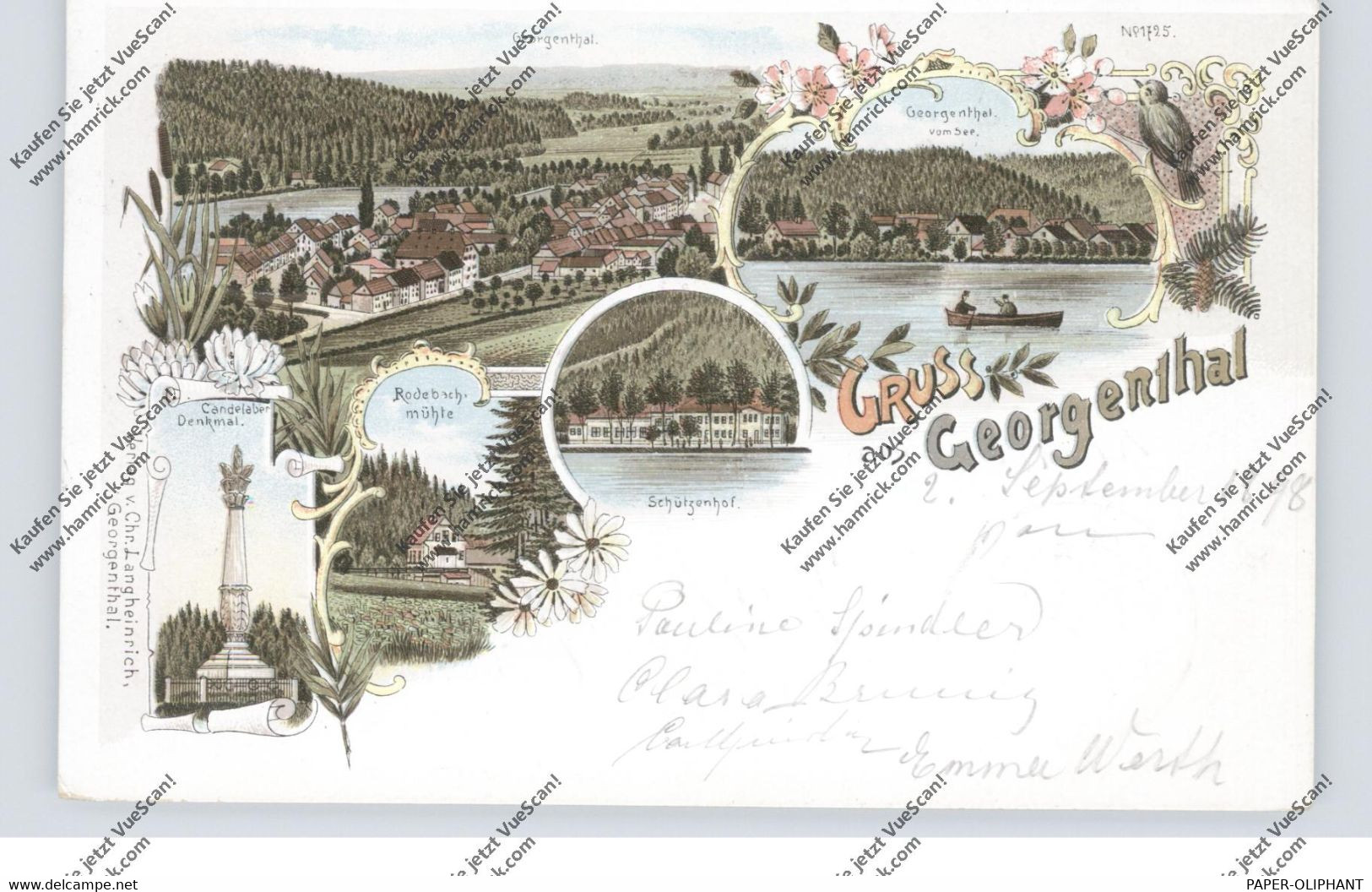 0-5805 GEORGENTHAL, Lithographie 1898, Schützenhof, Rodebachmühle, Candelaber-Denkmal, See, Dorfansicht - Georgenthal