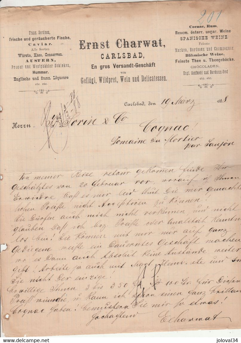 Lettre 19/3/1888 Ernst CHARWAT Geflügl, Wildpret Wein Und Delicatessen Chocoladen CARLSBAD Allemagne - 1800 – 1899