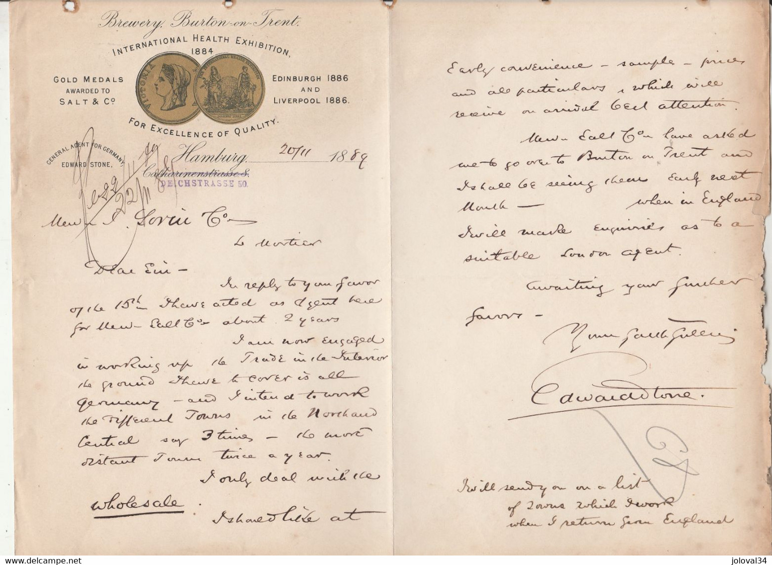 Lettre Illustrée 20/11/1889 Edward Stone General Agent For Germany Brewery Burton On Trent HAMBURG Allemagne - 1800 – 1899
