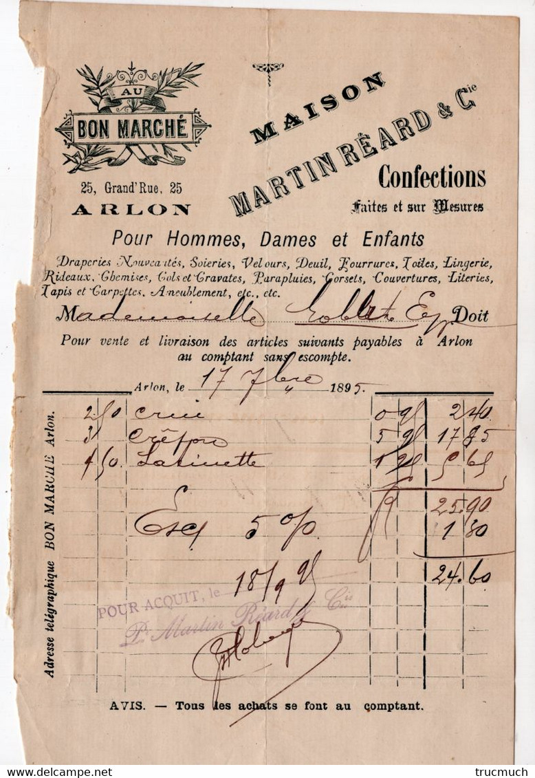 Facture Maison MARTIN RéARD - Grand'rue 25 à ARLON - Au Bon Marché - Confections  *1895*  *14 X 21,5*cm - Kleidung & Textil