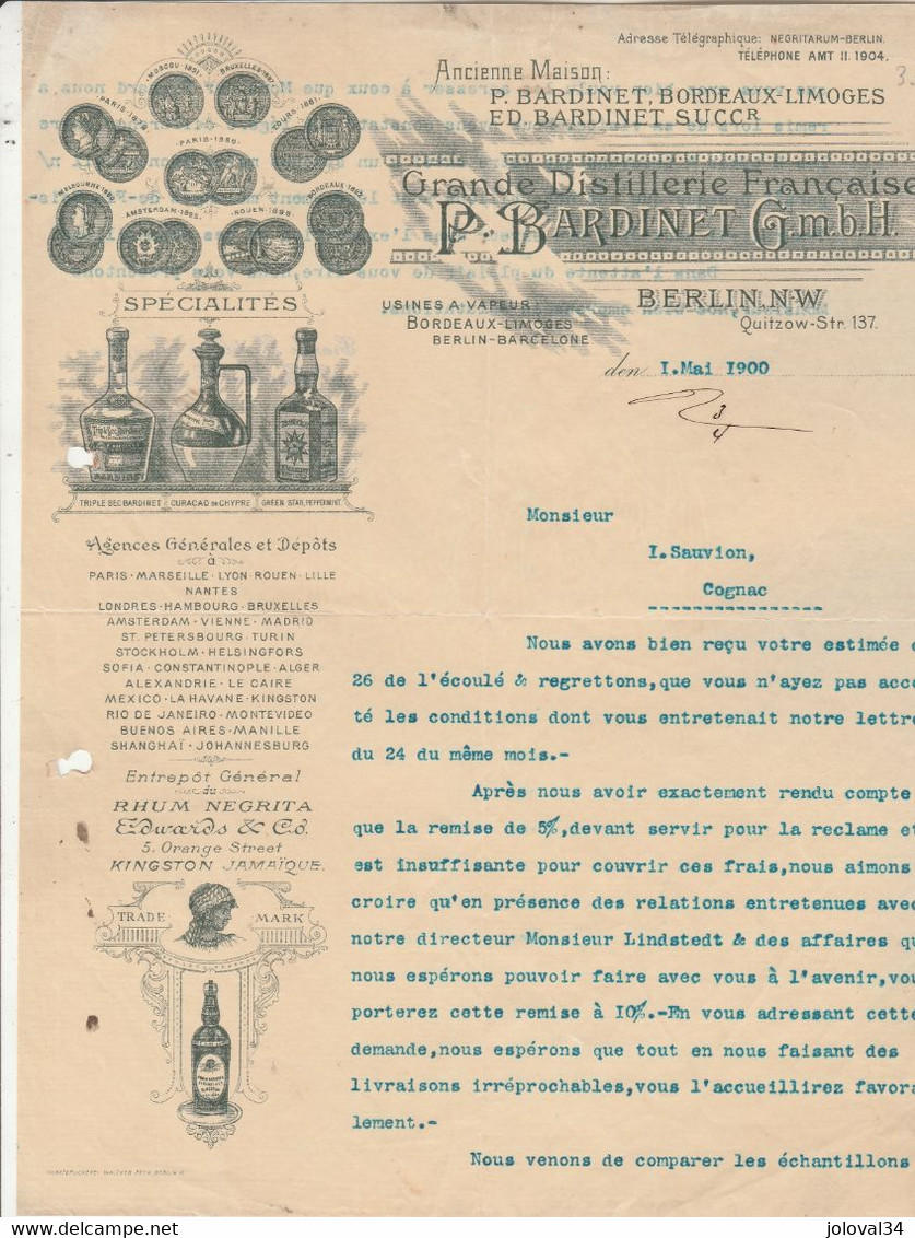 Lettre Illustrée 1/5/1900 P BARDINET Distillerie Française Alcool Triple Sec Curaçao Rhum Negrita BERLIN Allemagne - 1900 – 1949