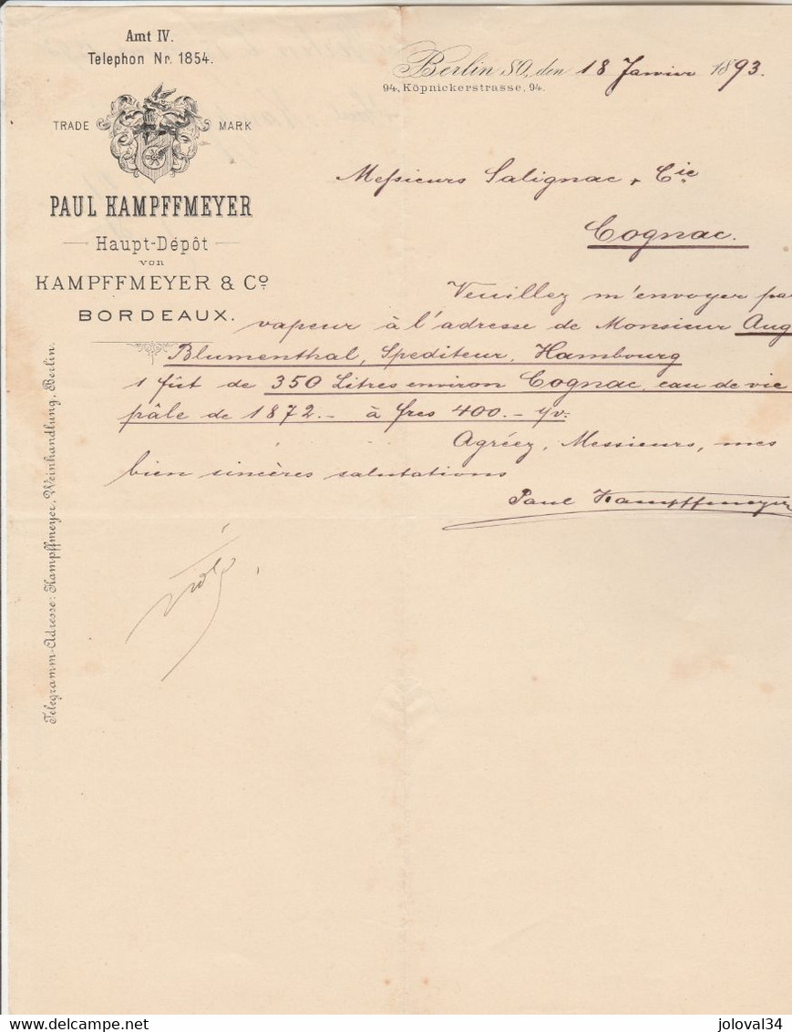 Lettre Illustrée 18/1/1893 PAUL KAMPFFMEYER Hauft Depôt De Vin De Bordeaux BERLIN Allemagne - 1800 – 1899