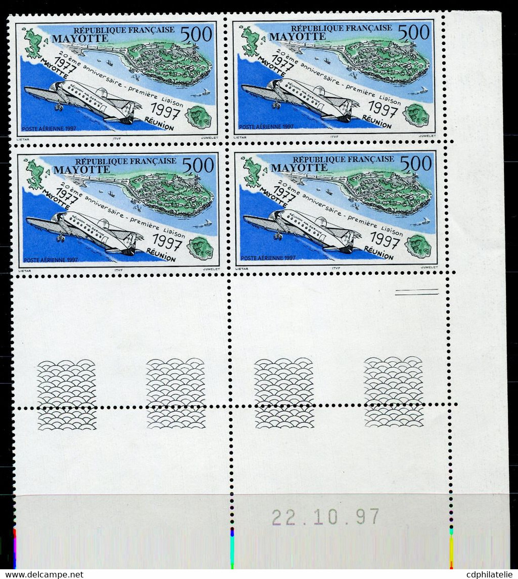 MAYOTTE PA 2 ** 20e ANNIVERSAIRE DE LA PREMIERE LIAISON AERIENNE MAYOTTE - REUNION EN BLOC DE 4 DATE DU 22-10-97 - Airmail