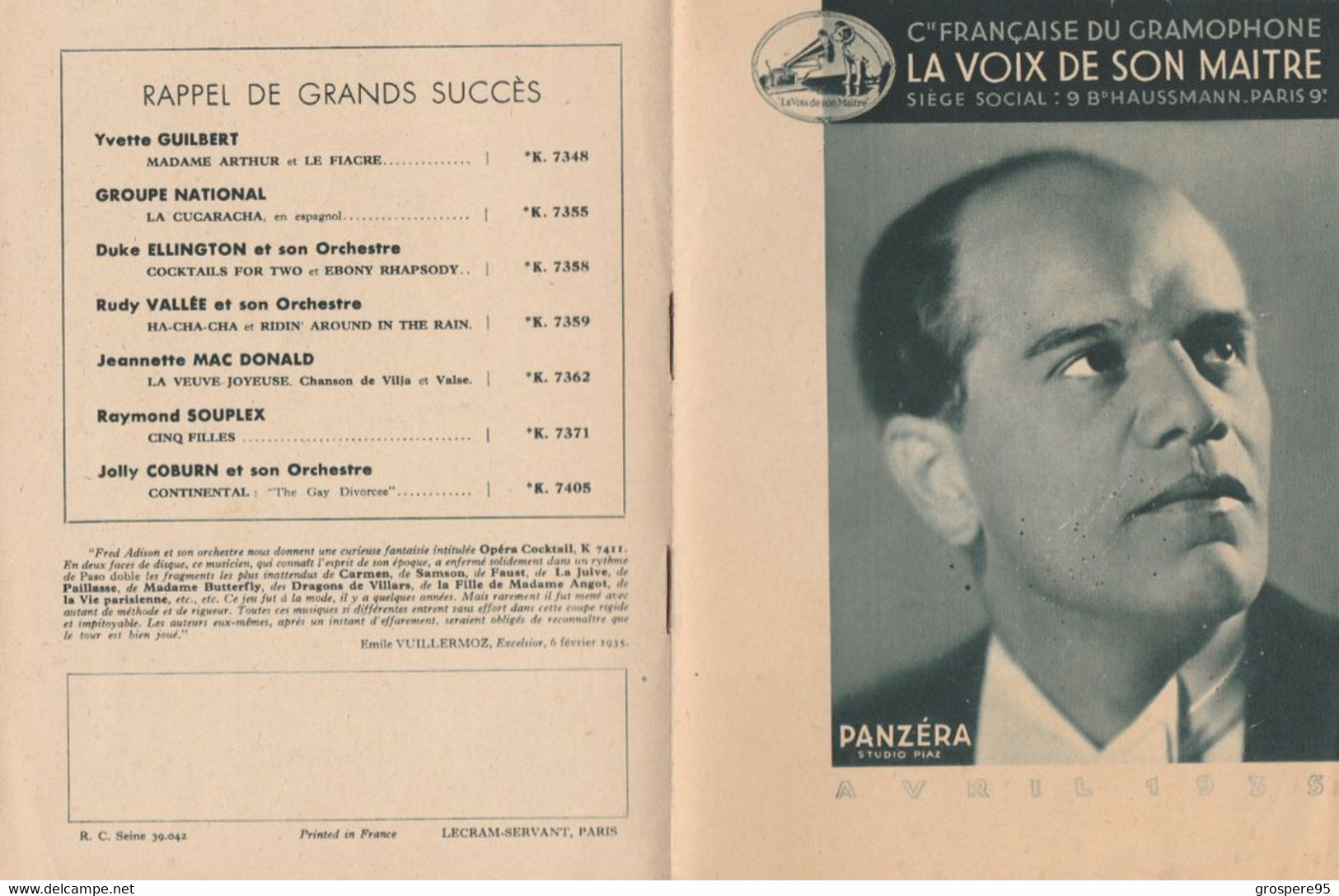 LA VOIX DE SON MAITRE CATALOGUE AVEC PANZERA EN COUVERTURE AVRIL 1935 - Werbung