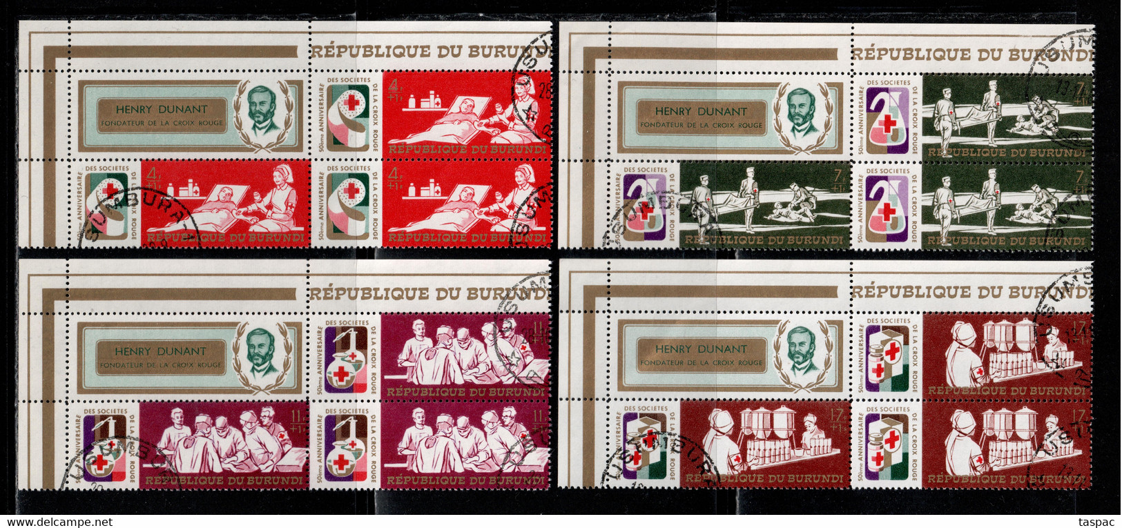 Burundi 1969 Mi# 492-498 A Used - Set In Blocks Of 4 - League Of Red Cross Societies, 50th Anniv. / Henry Dunant - Henry Dunant