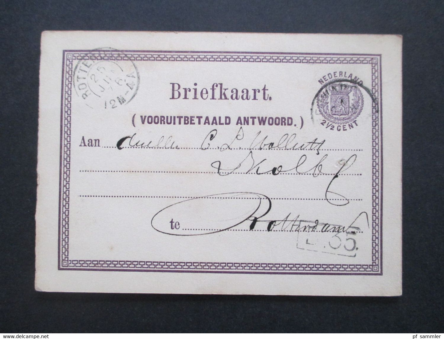 Niederlande 1872 / 76 Ganzsache P 3 Frageteil Rotterdam - Briefe U. Dokumente