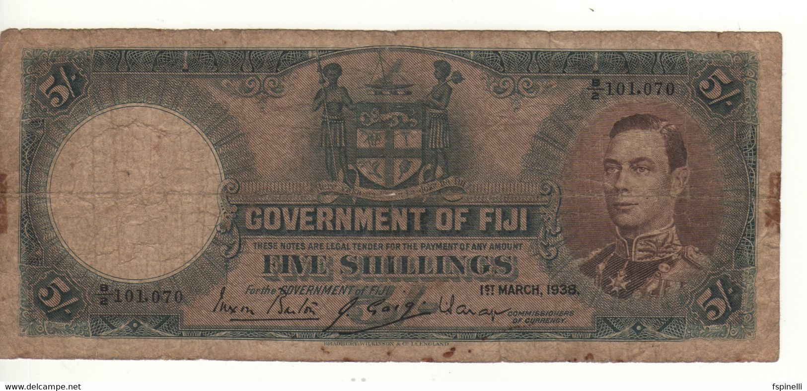 FIJI   5  Shillings   P37b   (dated 1st March 1938 )   King George VI On Front - - Fiji