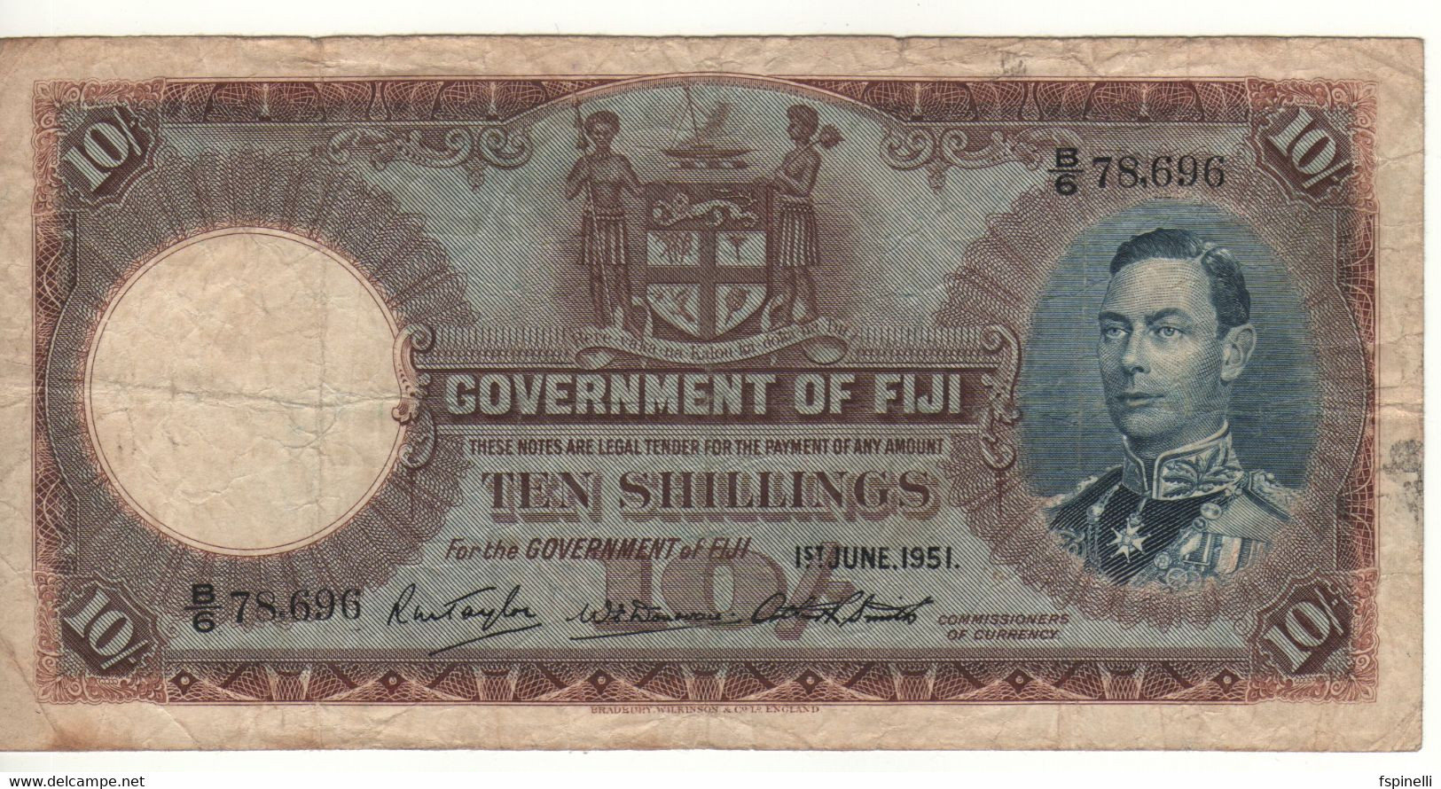 FIJI   10  Shillings   P38k   (dated 1st June 1951)   King George VI On Front - - Figi