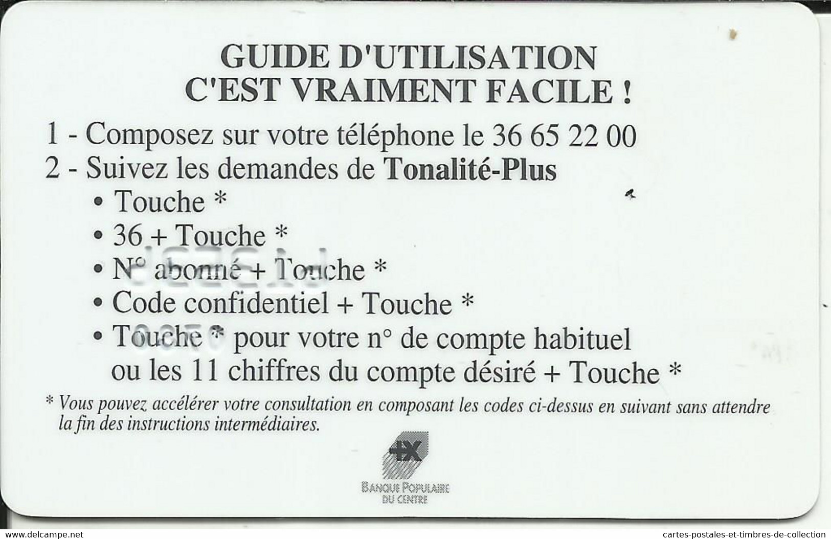 Carte D' Abonné , TONALITE PLUS De La Banque Populaire Du Centre - Disposable Credit Card
