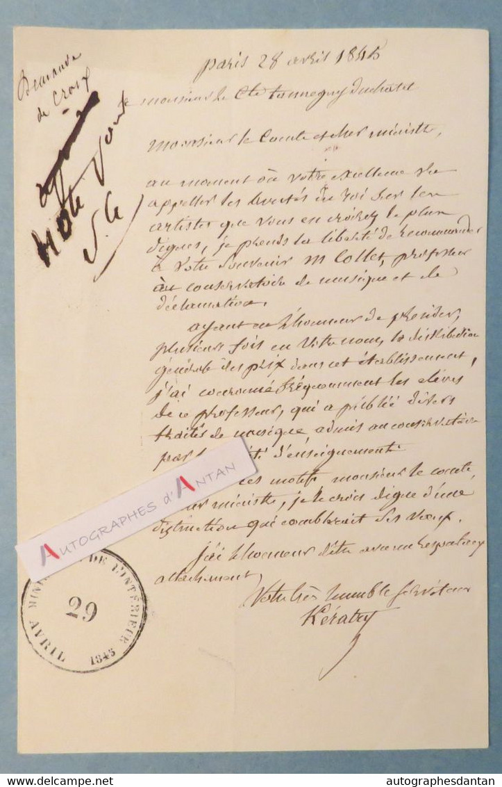 L.A.S 1845 KERATRY Né Rennes > Comte Tanneguy DUCHATEL - COLLET - Lettre Autographe - Musique - Sänger Und Musiker
