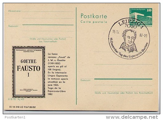 DDR P 84-12-82 C10 Postkarte Zudruck ESPERANTO GOETHE "FAUST I" Leipzig Sost. 1982 - Private Postcards - Used