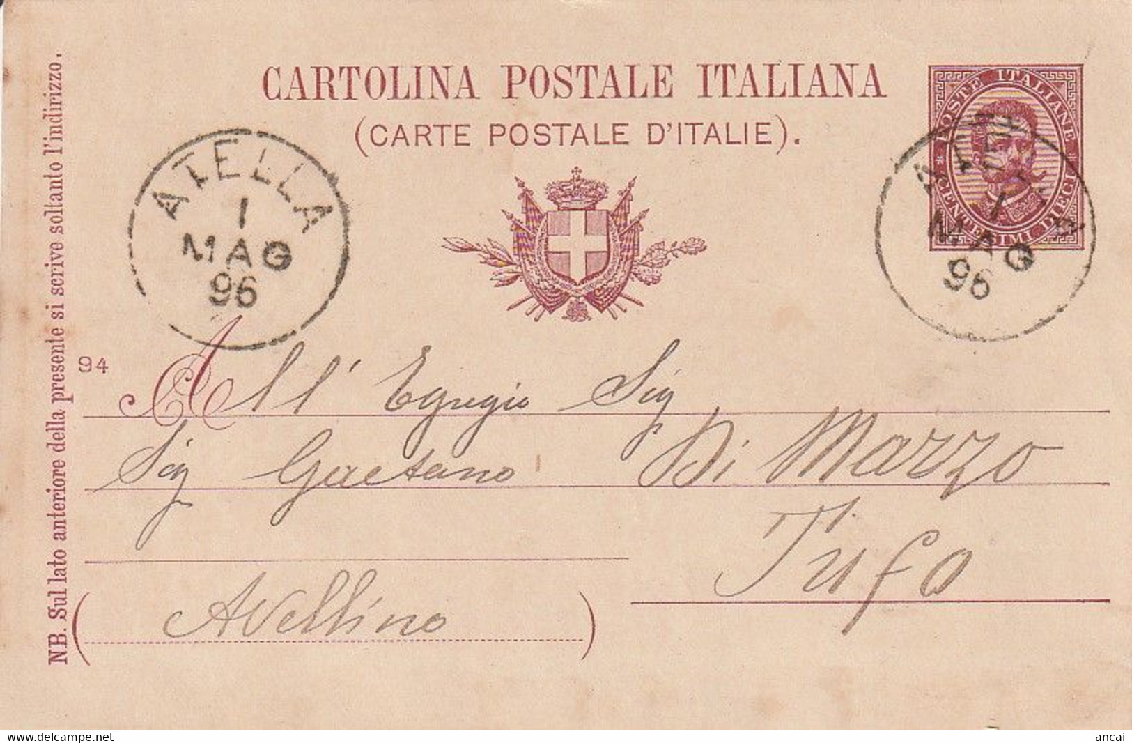 A30. Atella. 1896. Annullo Grande Cerchio ATELLA, Su Cartolina Postale. - Storia Postale