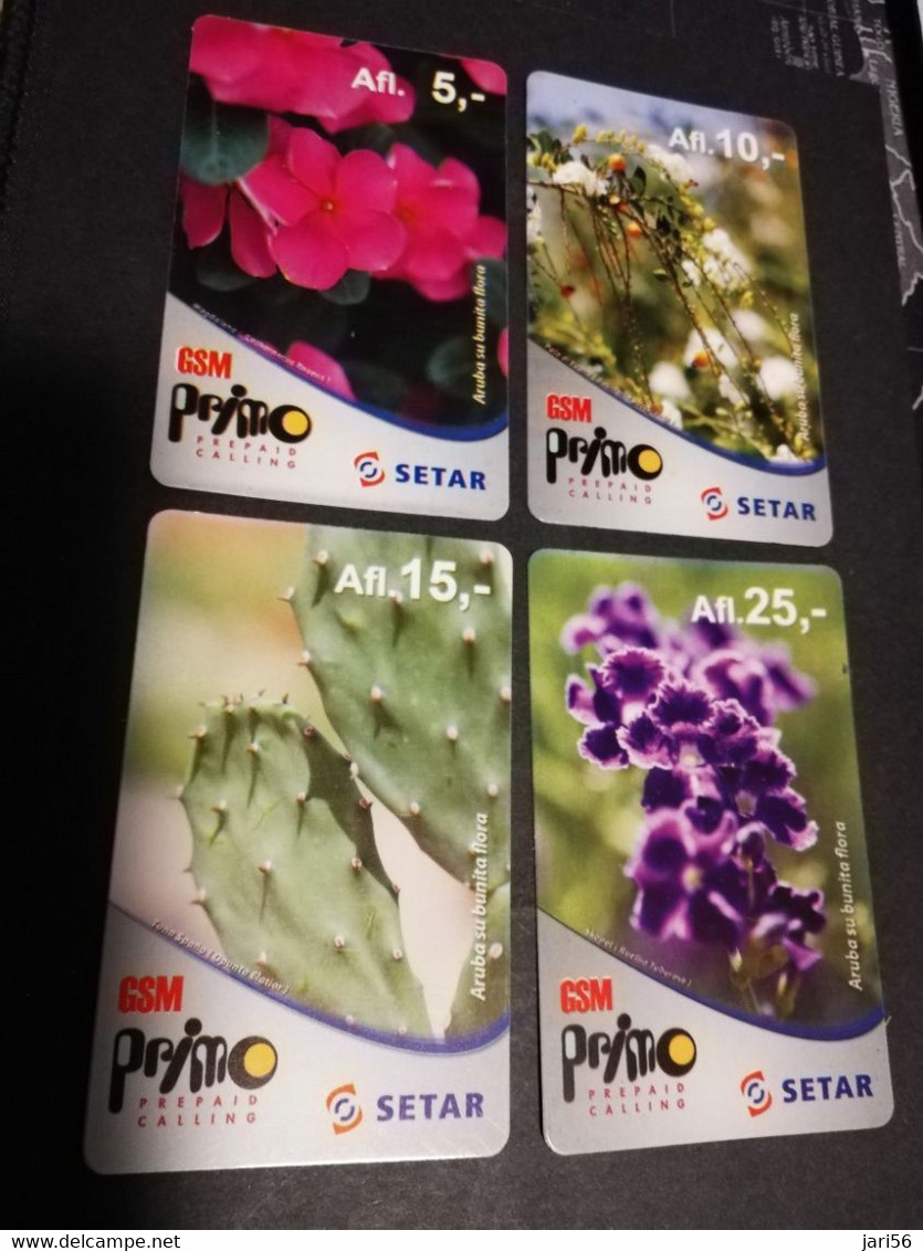 ARUBA PREPAID CARD SETAR/GSM PRIMO  FLOWERS, 4 CARDS AFL,5,10,15,25    Fine Used Card  **4212** - Aruba