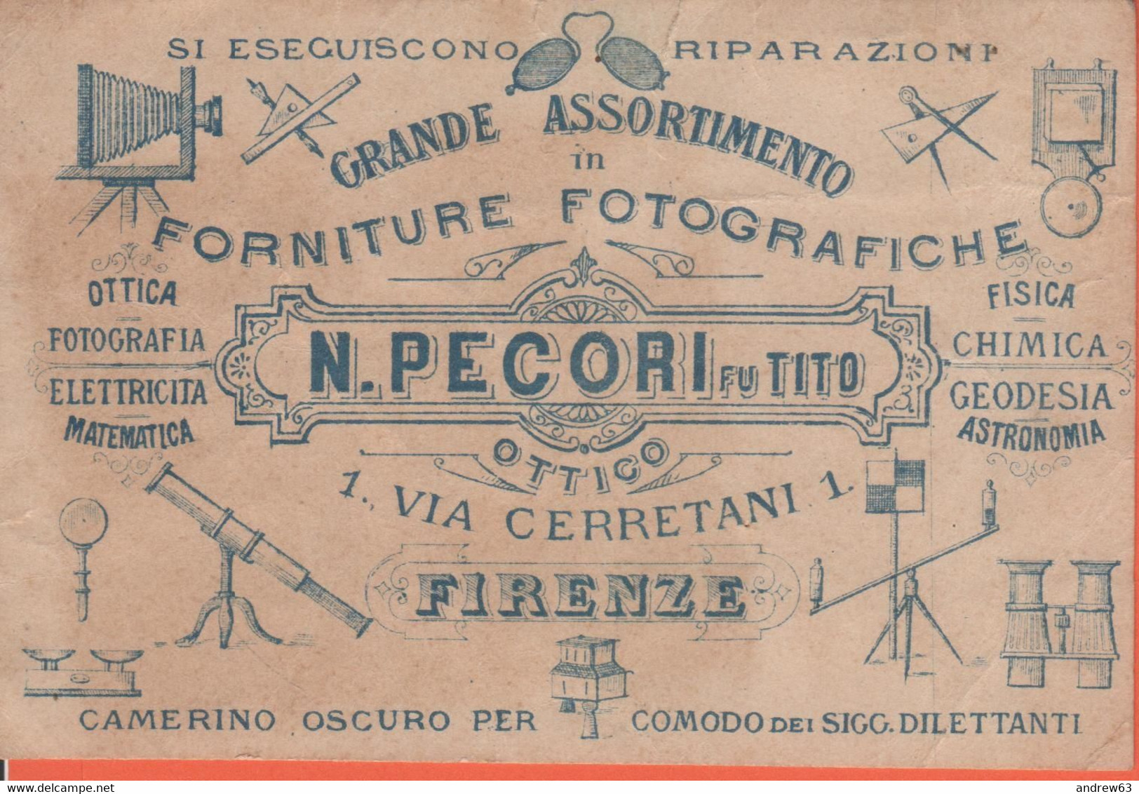 N. Pecori Fu Tito - 1899 - Ottico E Forniture Fotografiche - Cartolina Pubblicitaria Con Ricevuta Sul Retro - Pubblicitari