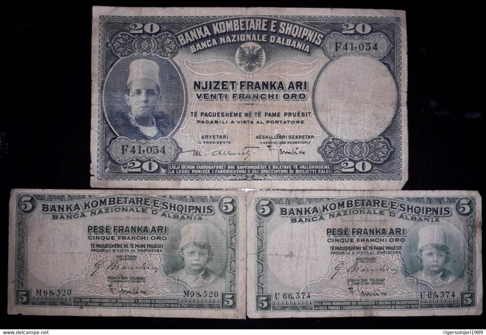 ALBANIAN 20 FRANKA ARI 1926 References	P# 3 & 5 FRANKA ARI References	P# 2 (2 Pcs) 1926 RARE - Albania