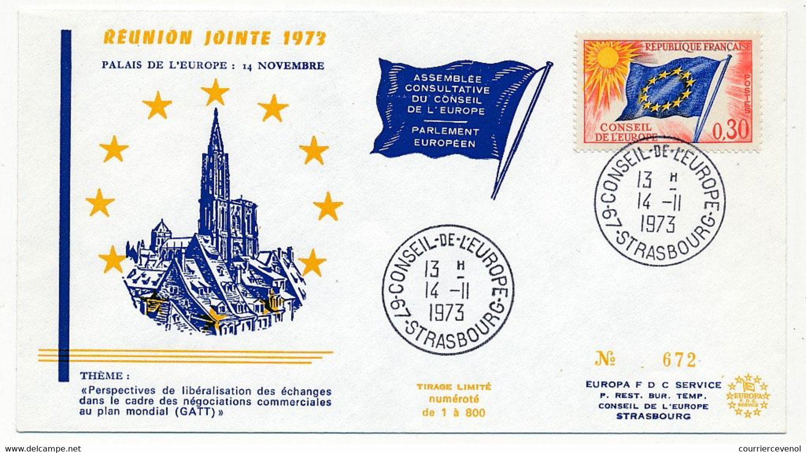 FRANCE - Env Affr 0,30 Drapeau - Cachet Conseil De L'Europe Strasbourg 14/11/1973 - Assemblée Consultative - Storia Postale