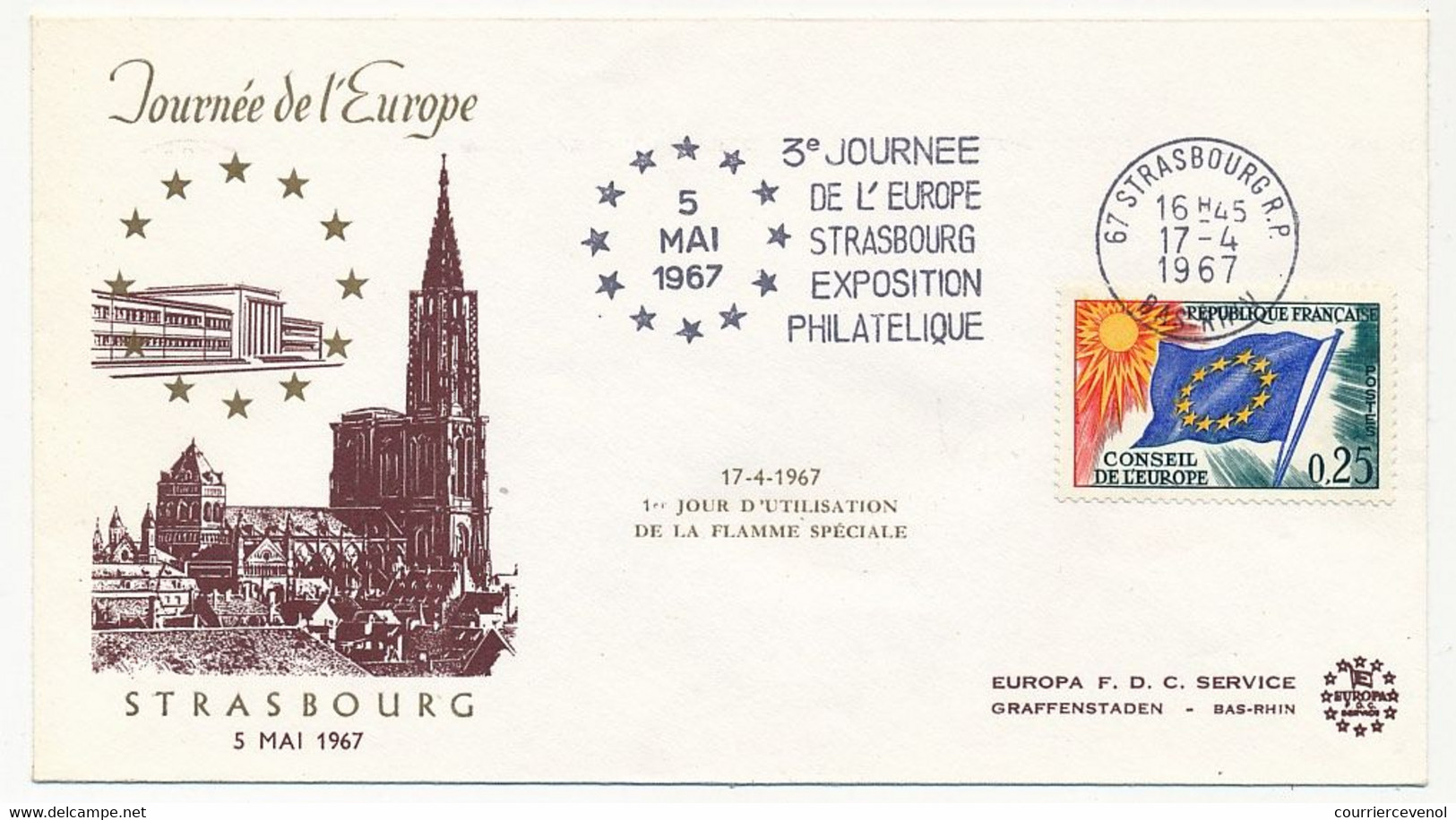 FRANCE - Env Affr 0,25 Drapeau - OMEC Strasbourg R.P. 3eme Journée De L'Europe - 17/4/1967 - Flamme Spéciale - Covers & Documents