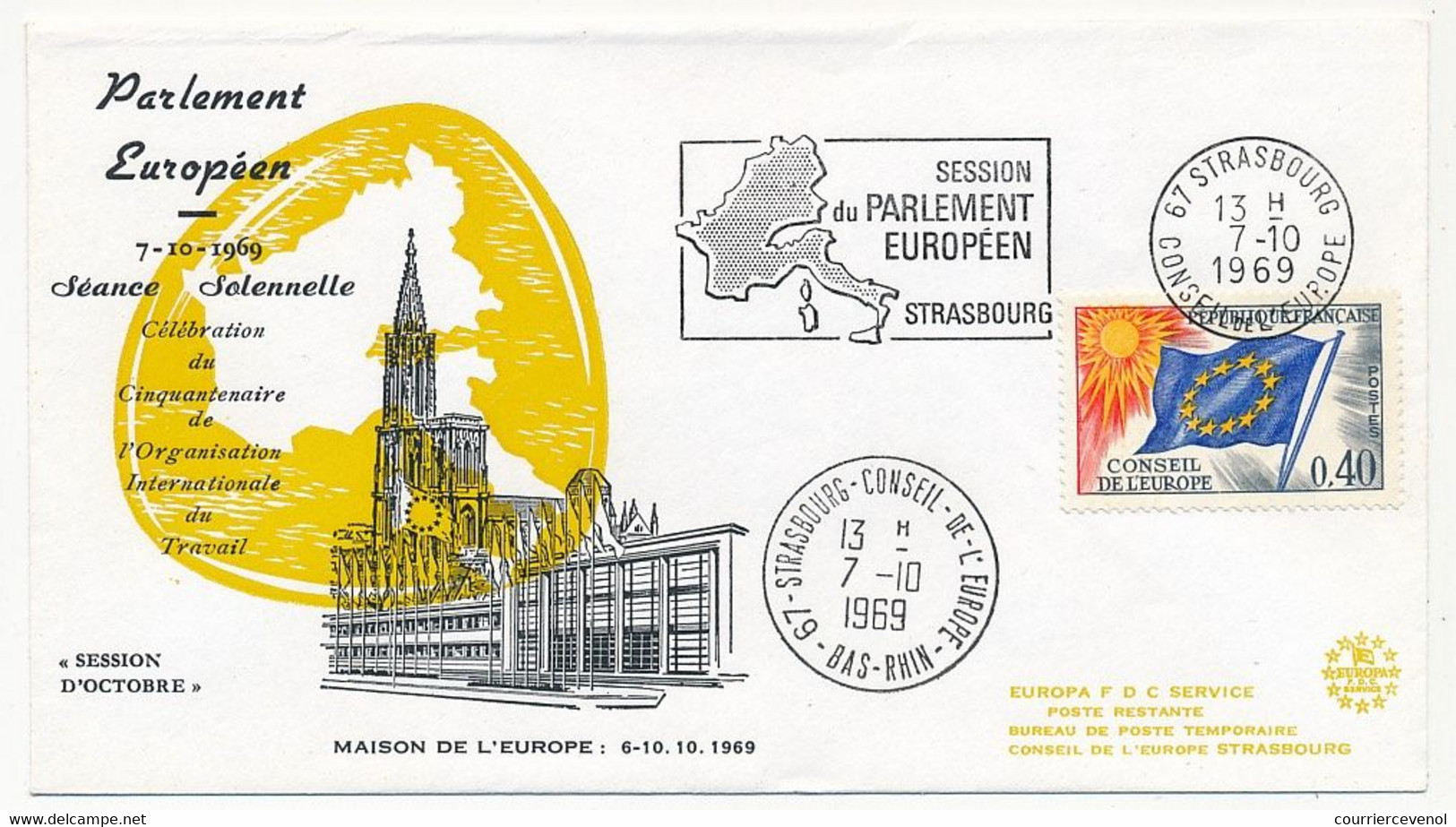 FRANCE - Env Affr 0,40 Drapeau - OMEC Strasbourg Conseil De L'Europe 7/10/1969 - Session Du Parlement Européen - Storia Postale