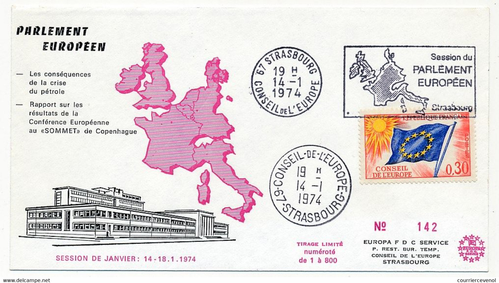 FRANCE - Env Affr 0,30 Drapeau - OMEC Strasbourg Conseil De L'Europe 14/1/1974 - Session Du Parlement Européen - Storia Postale