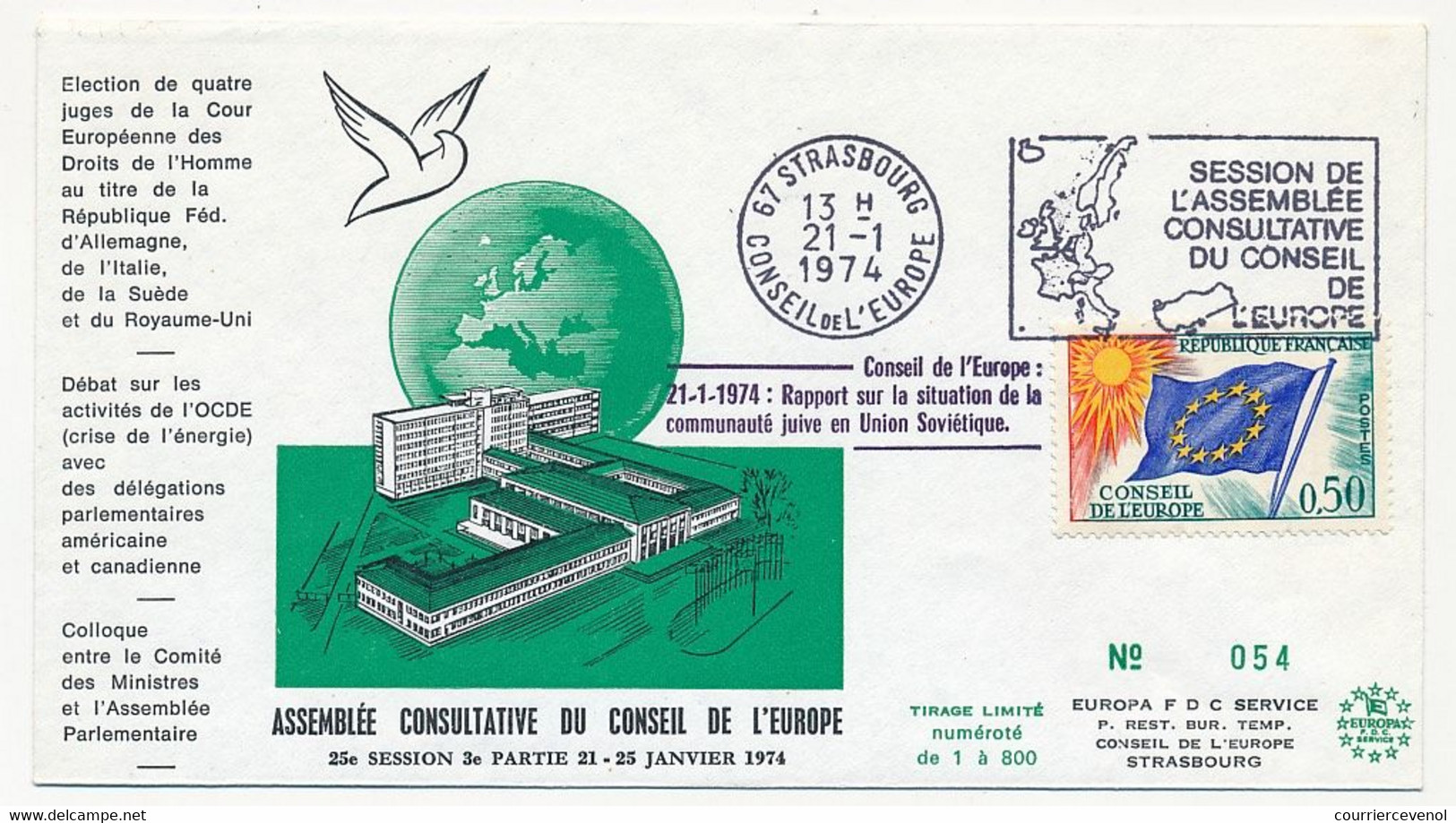 FRANCE - Env Affr 0,50 Drapeau - OMEC Strasbourg Conseil De L'Europe 21/1/1974 - Session De L'Assemblée Consultative - Covers & Documents