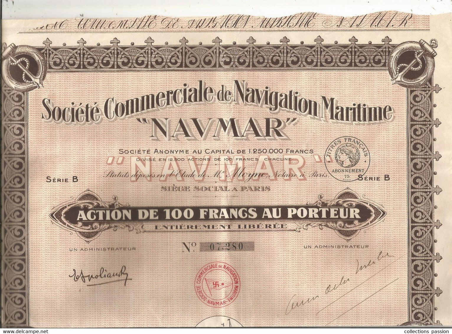 Action De 100 Francs Au Porteur , Série B , NAVMAR , Société Commerciale De Navigation Maritime , Frais Fr 1.95 € - Autres & Non Classés