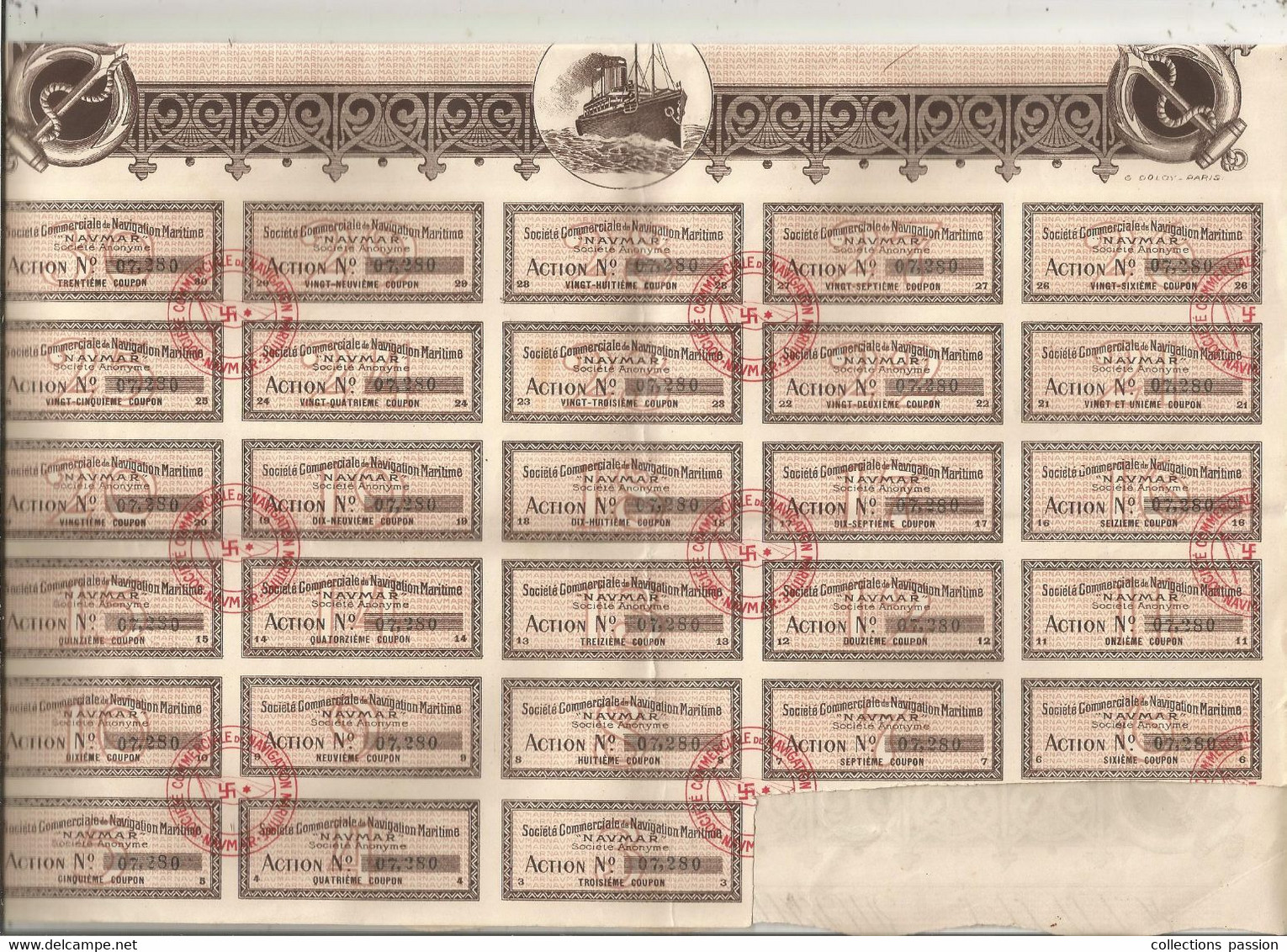 Action De 100 Francs Au Porteur , Série B , NAVMAR , Société Commerciale De Navigation Maritime , Frais Fr 1.95 € - Andere & Zonder Classificatie