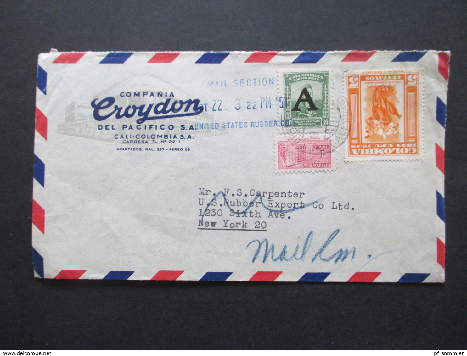 Kolumbien Colombia 1951 Firmenumschlag Compania Croydon Del Pacifico S.A. Blauer Eingangsstempel Mail Section Rubber - Colombia