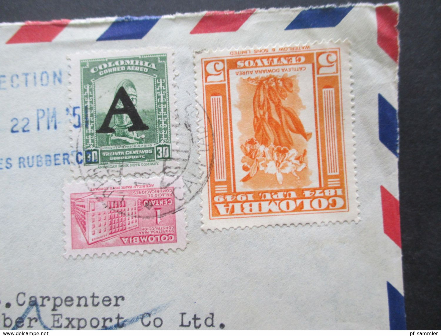 Kolumbien Colombia 1951 Firmenumschlag Compania Croydon Del Pacifico S.A. Blauer Eingangsstempel Mail Section Rubber - Colombia