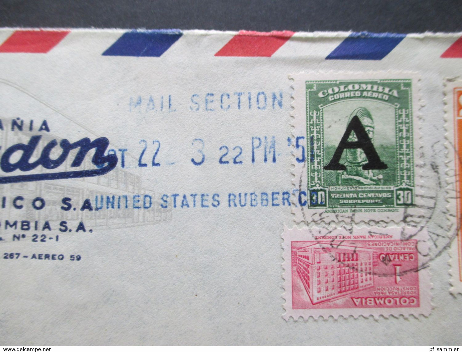 Kolumbien Colombia 1951 Firmenumschlag Compania Croydon Del Pacifico S.A. Blauer Eingangsstempel Mail Section Rubber - Kolumbien