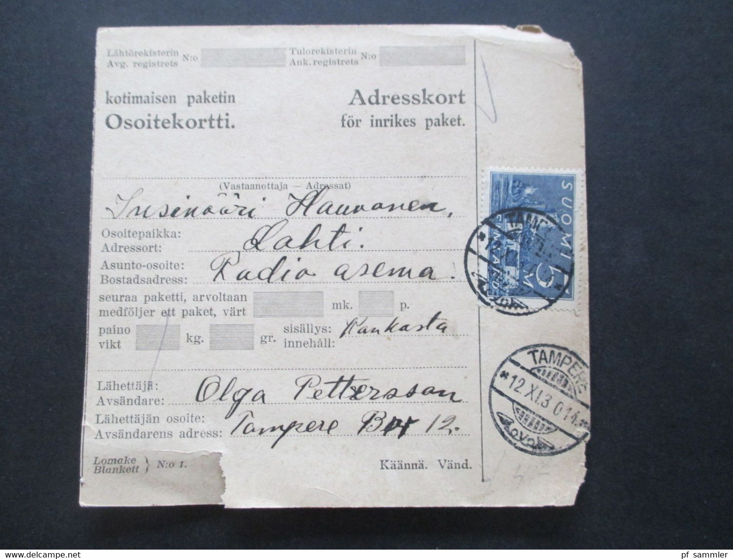 Finnland 1930 Paketkarte Adrsskort Tampere Radio Asema - Lahti - Cartas & Documentos