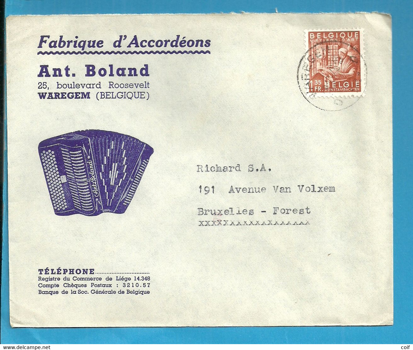 762 Op Geillustreede Brief ACCORDEONS / BOLAND Met Stempel WAREGEM - 1948 Exportation