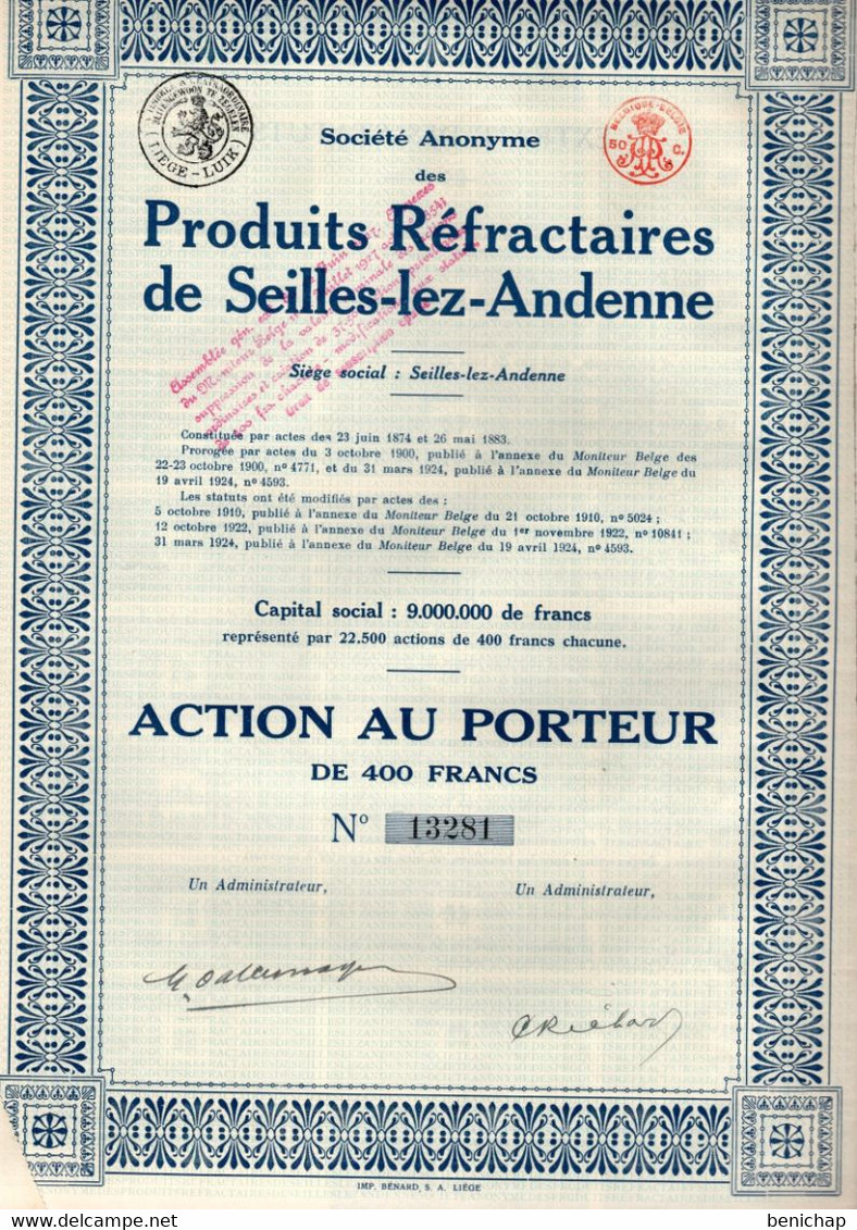 Action Au Porteur De 400  Frcs - S.A. Des Produits Réfractaires De Seilles-Lez-Andenne - Seille - Andenne -1924. - Industry